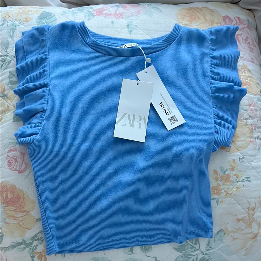 Zara Blue Ruffle Sleeve Top